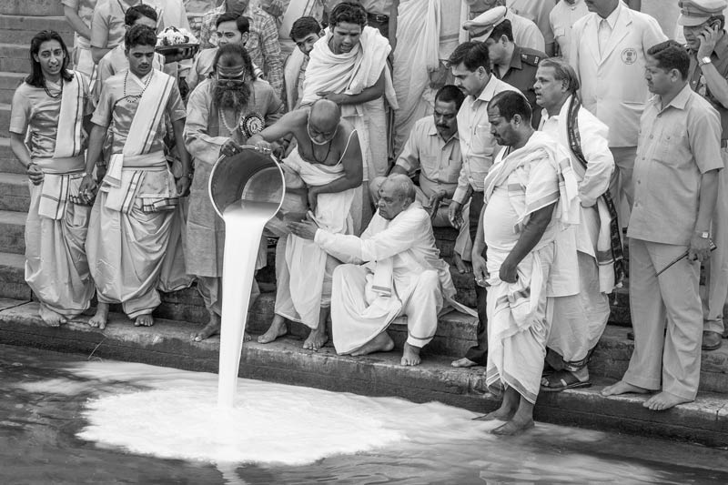 The connection between Water and Religion - River Ganga being worshipped at Dashashwamedh Ghat in Varanasi, Uttar Pradesh